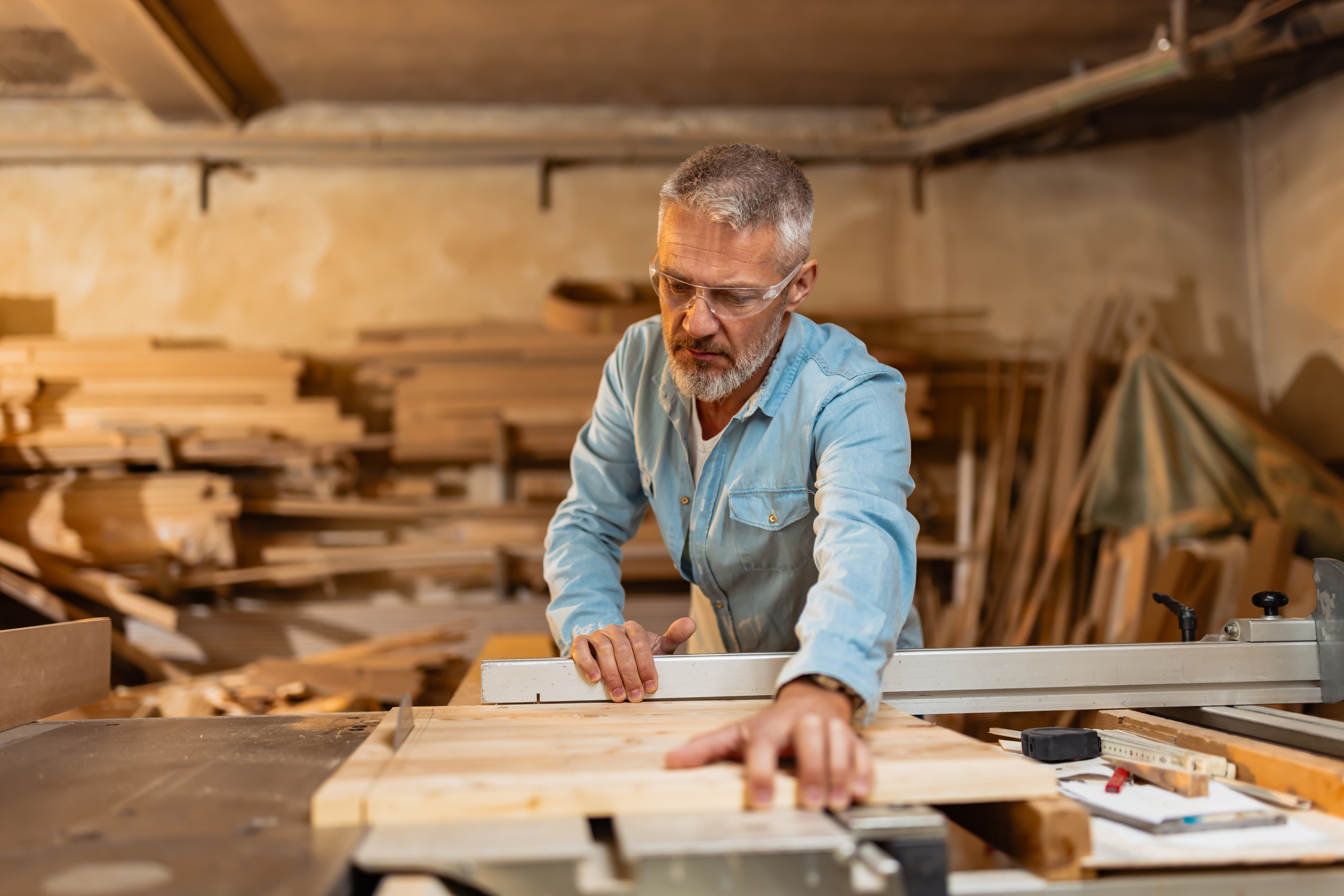 A man is doing some woodwork