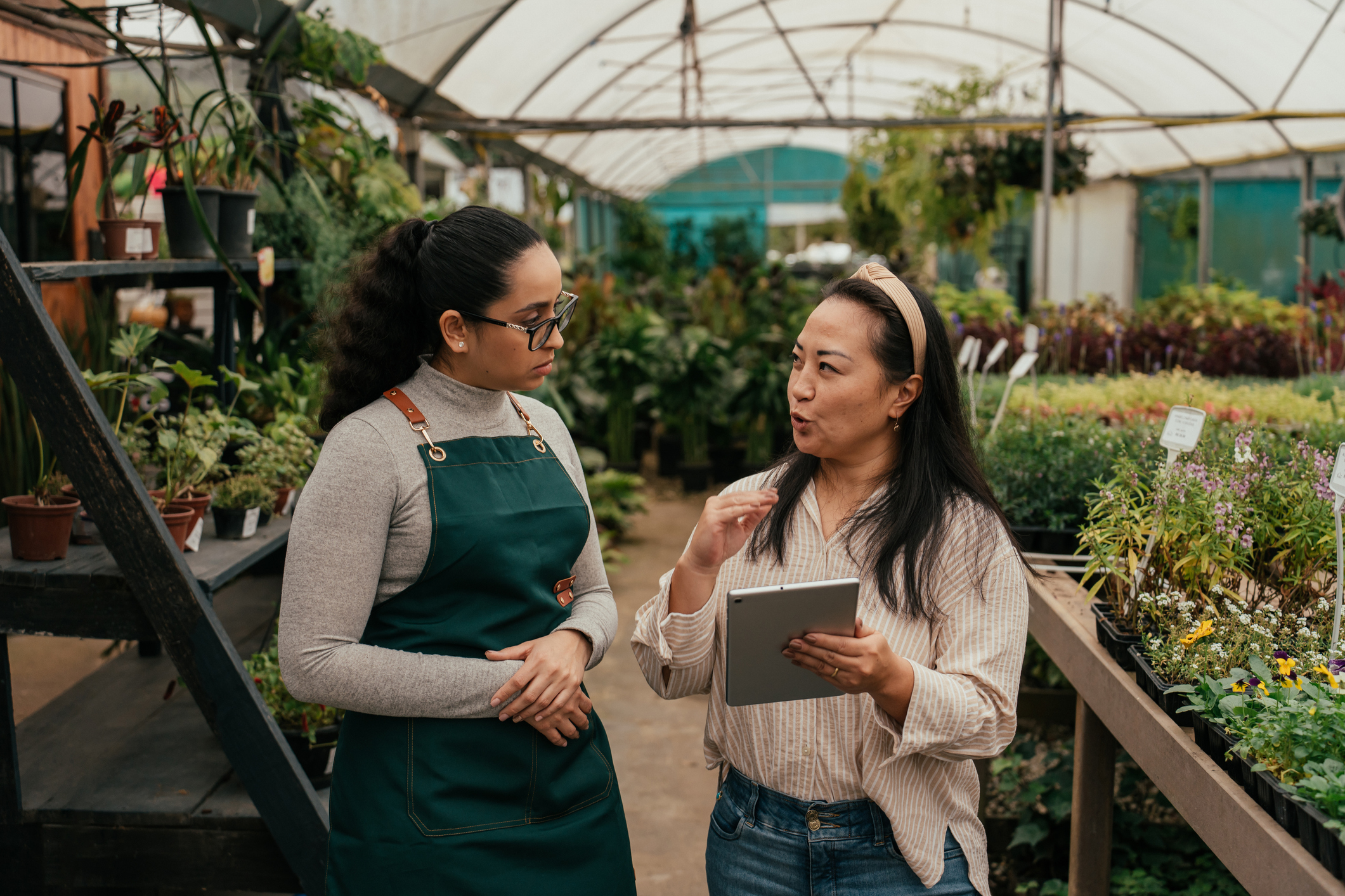 Two women talking together in a garden center
