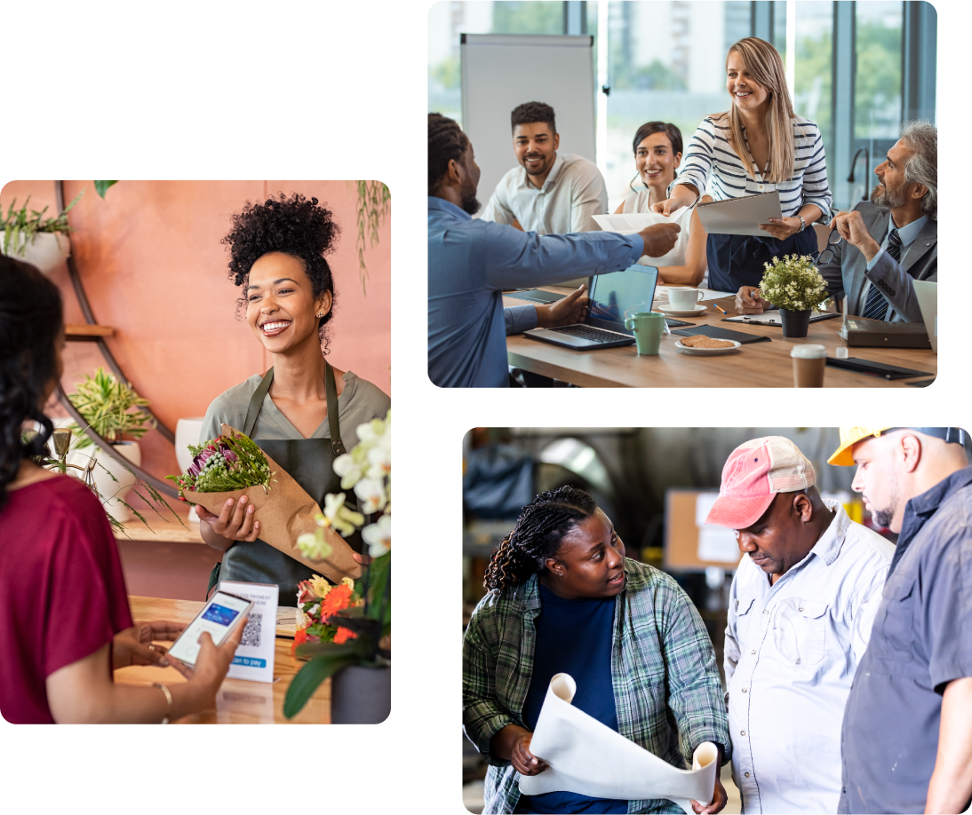 A grid of four images showing various small business owners at work.