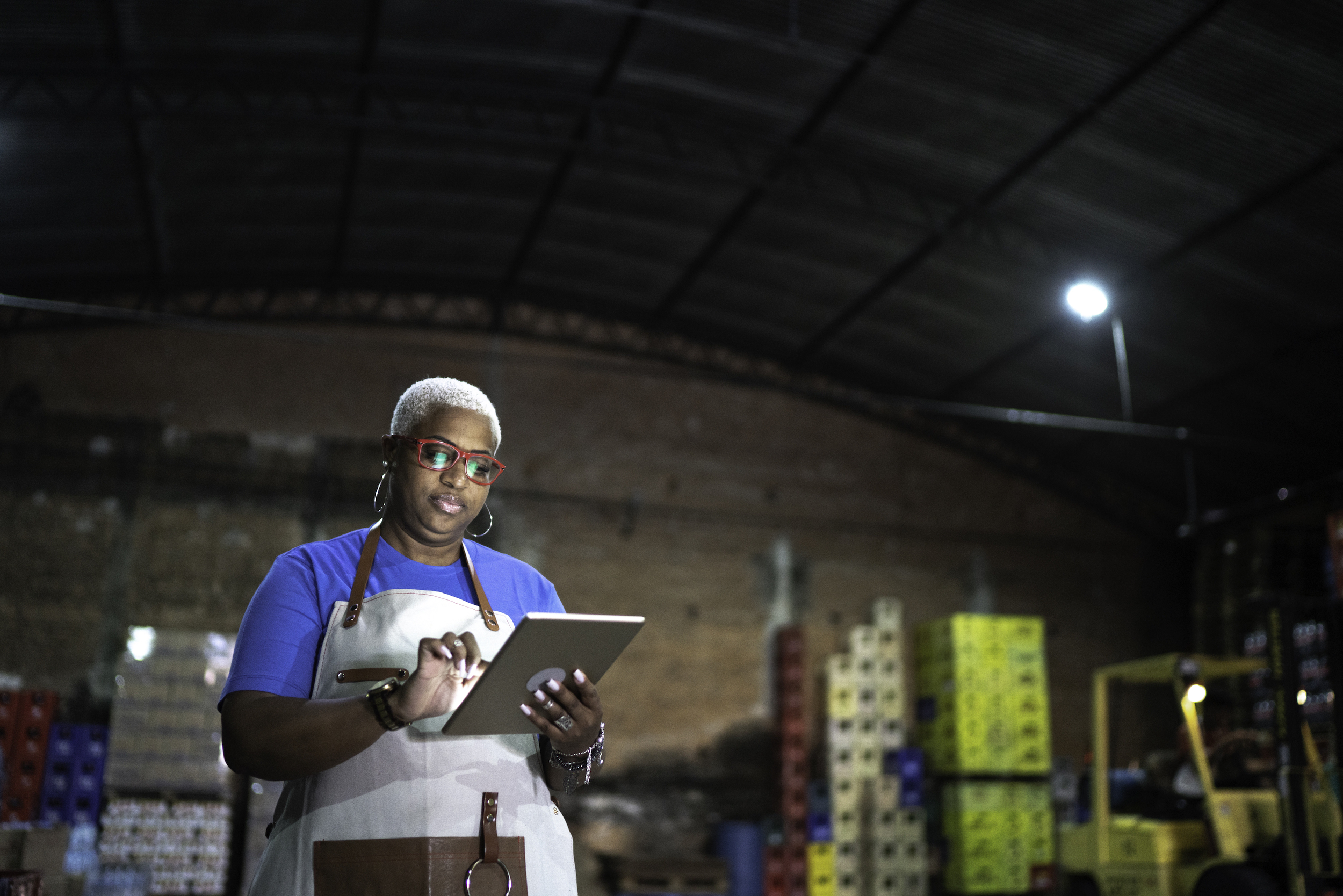 Female worker in warehouse reviewing iPad