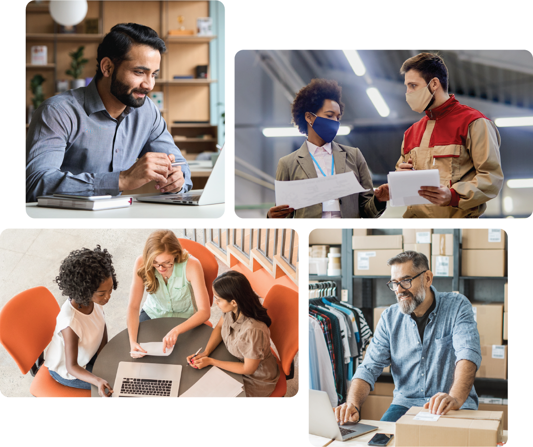 A grid of four images showing various small business owners at work.