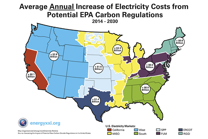 Map: Average Annual Increase of Electricity Costs from Potential EPA Carbon Regulations